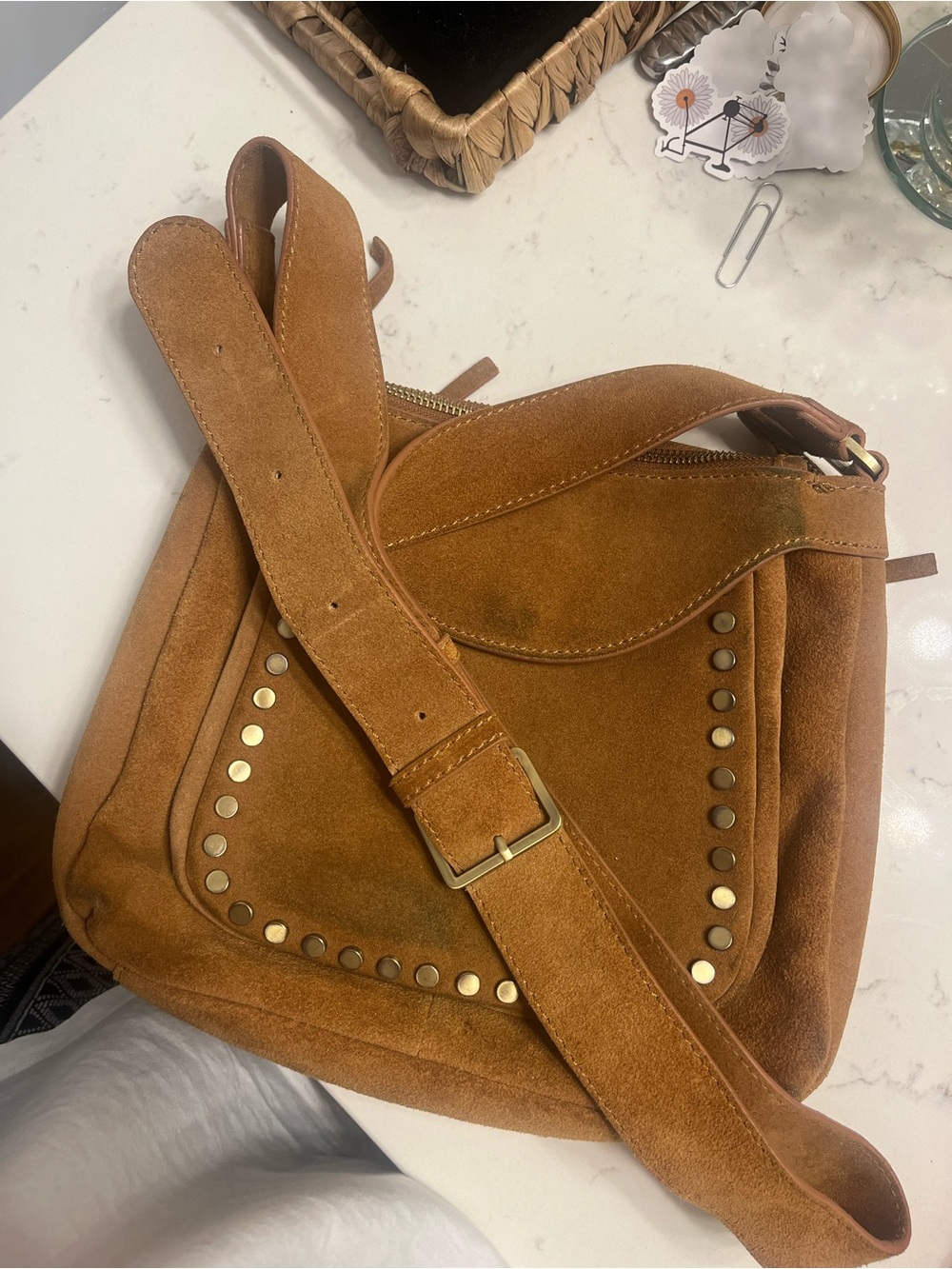 Suede Studded Bag in Cognac Brown